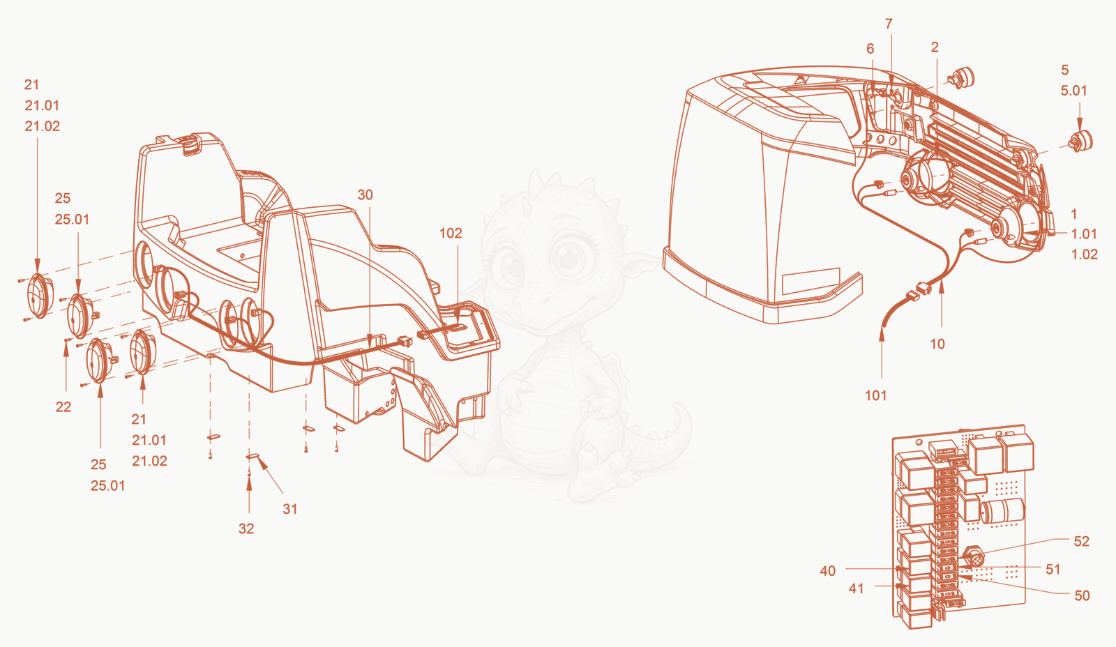 Exploded parts diagram of the electrical system (with lighting) of a Wacker Neuson RD40-130C, with numbered balloons
