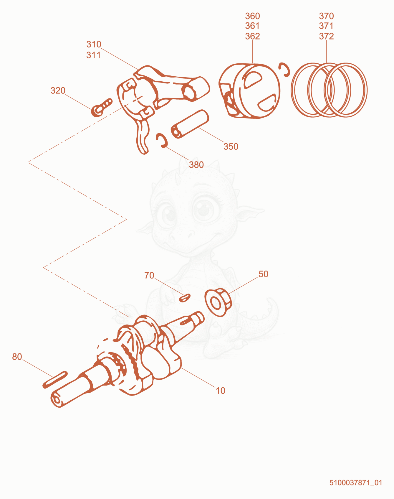 Exploded parts diagram of the Crankshaft/Piston/Connecting Rod of a Wacker Neuson WP1550, with numbered balloons