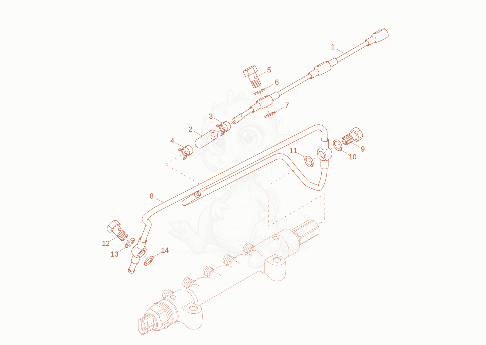 Exploded parts diagram of the leakoil line of a Wacker Neuson DW30-2, with numbered balloons