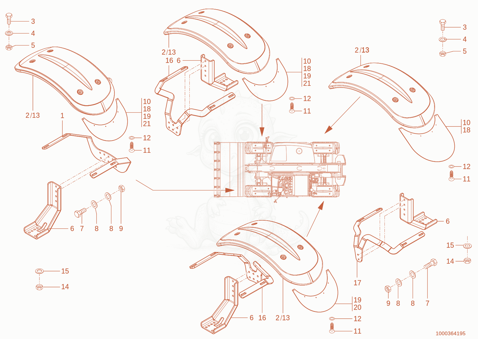 Exploded parts diagram of the wheel cover of a Wacker Neuson TH955(416-16), with numbered balloons