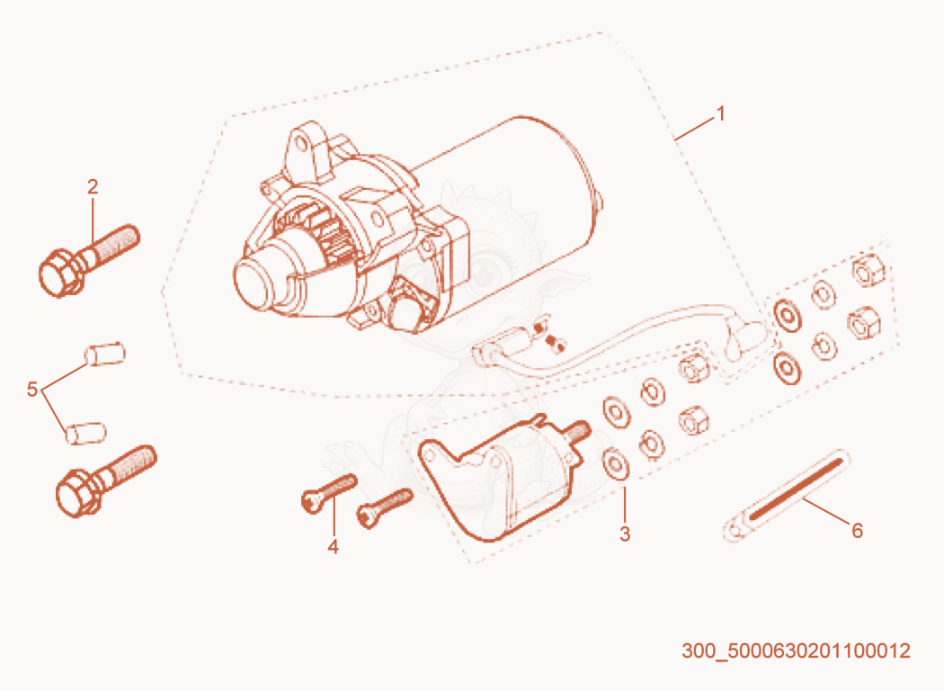 Despiece del Starter Motor de una máquina Wacker Neuson MG3SD, con globos numerados