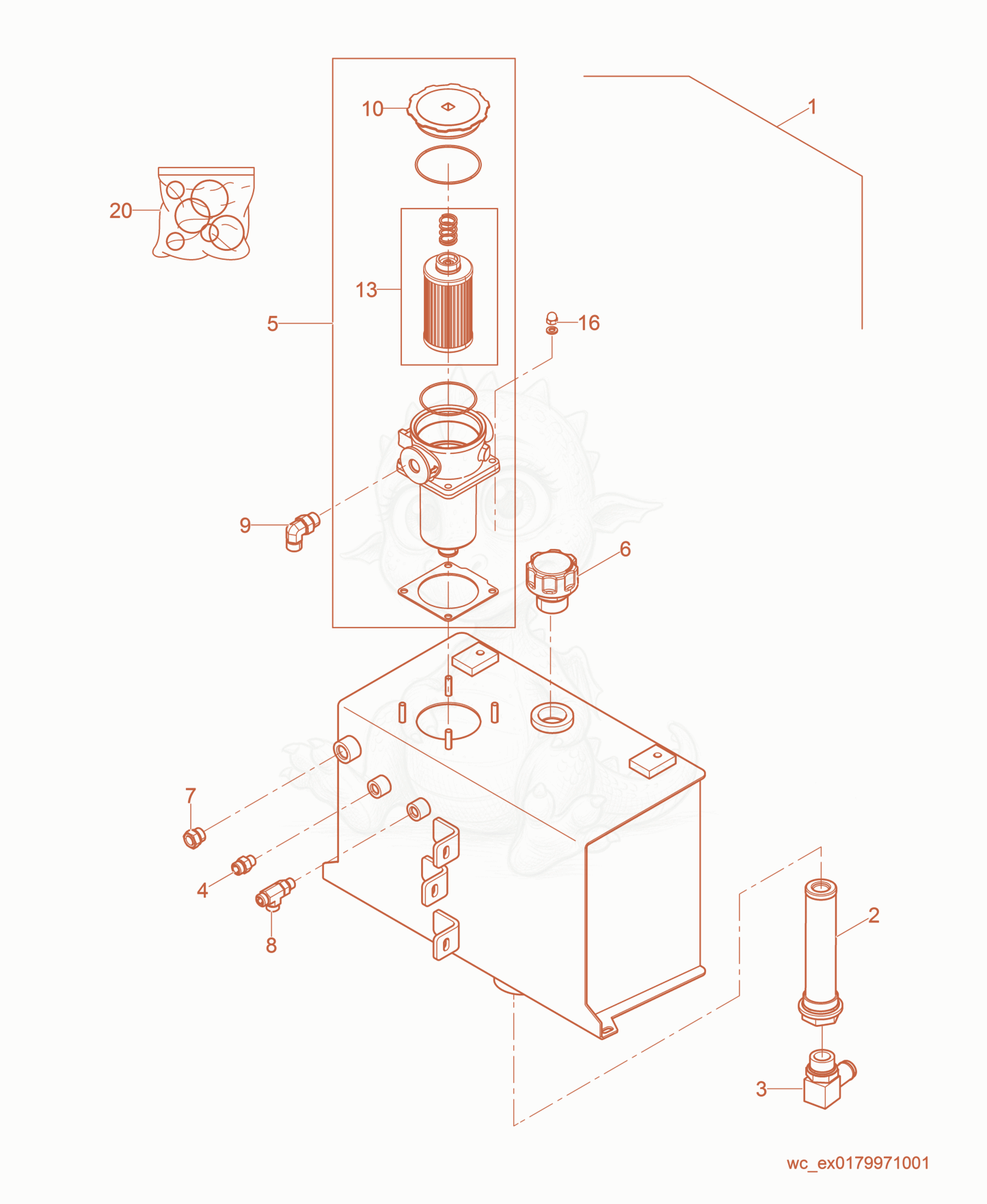 Exploded parts diagram of the Hydraulic Tank of a Wacker Neuson RT56-SC2, with numbered balloons