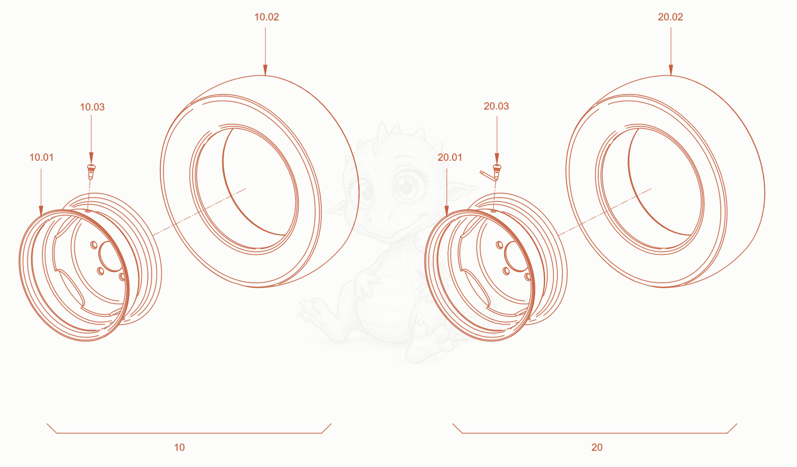 Exploded parts diagram of the tyre equipment of a Wacker Neuson RD18-100C.3, with numbered balloons
