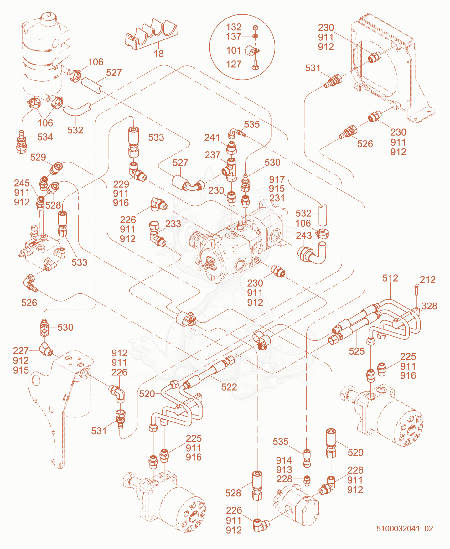 Exploded parts diagram of the Hydraulic Piping of a Wacker Neuson RD7YE, with numbered balloons