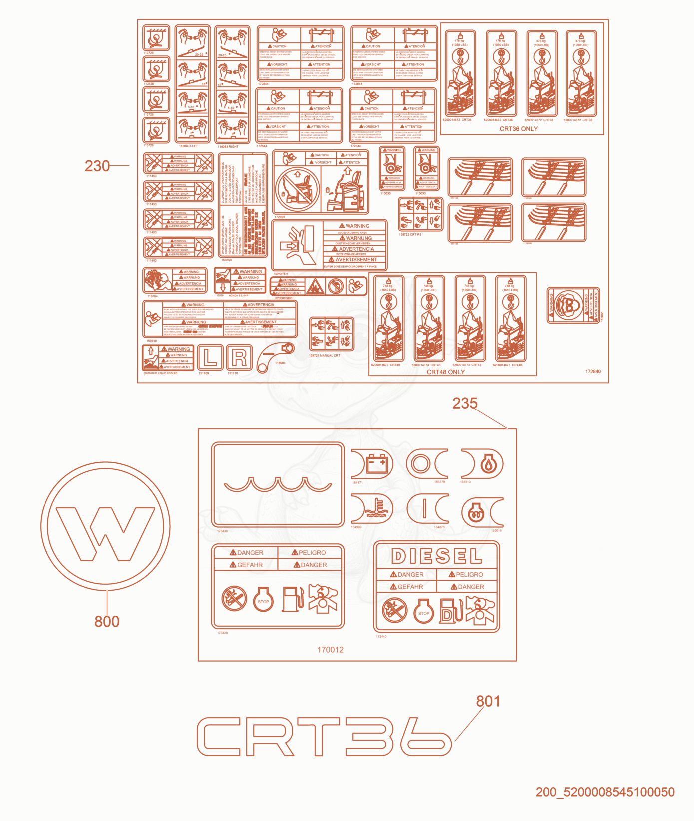 Exploded parts diagram of the Labels of a Wacker Neuson CRTV36-26A, with numbered balloons