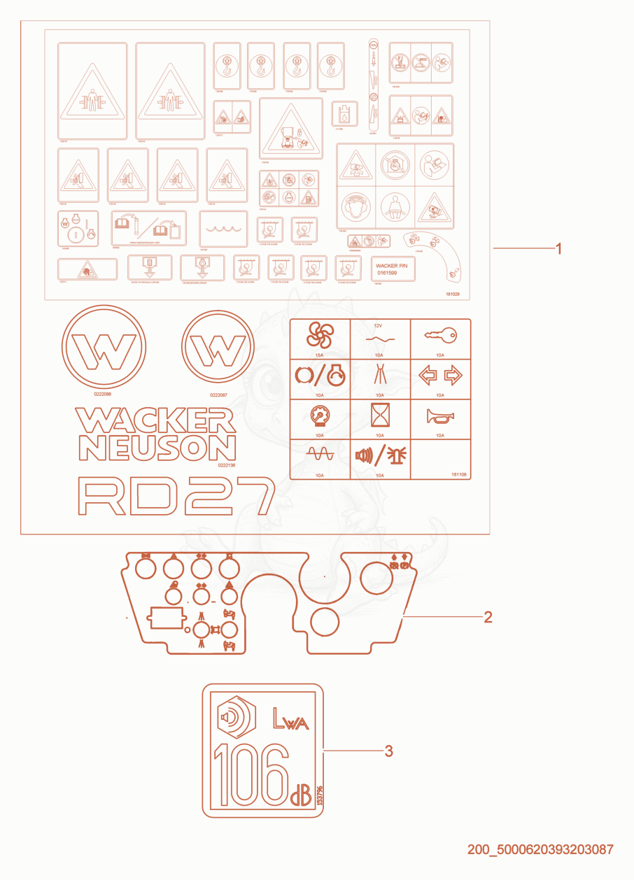 Exploded parts diagram of the Labels of a Wacker Neuson RD27-120, with numbered balloons