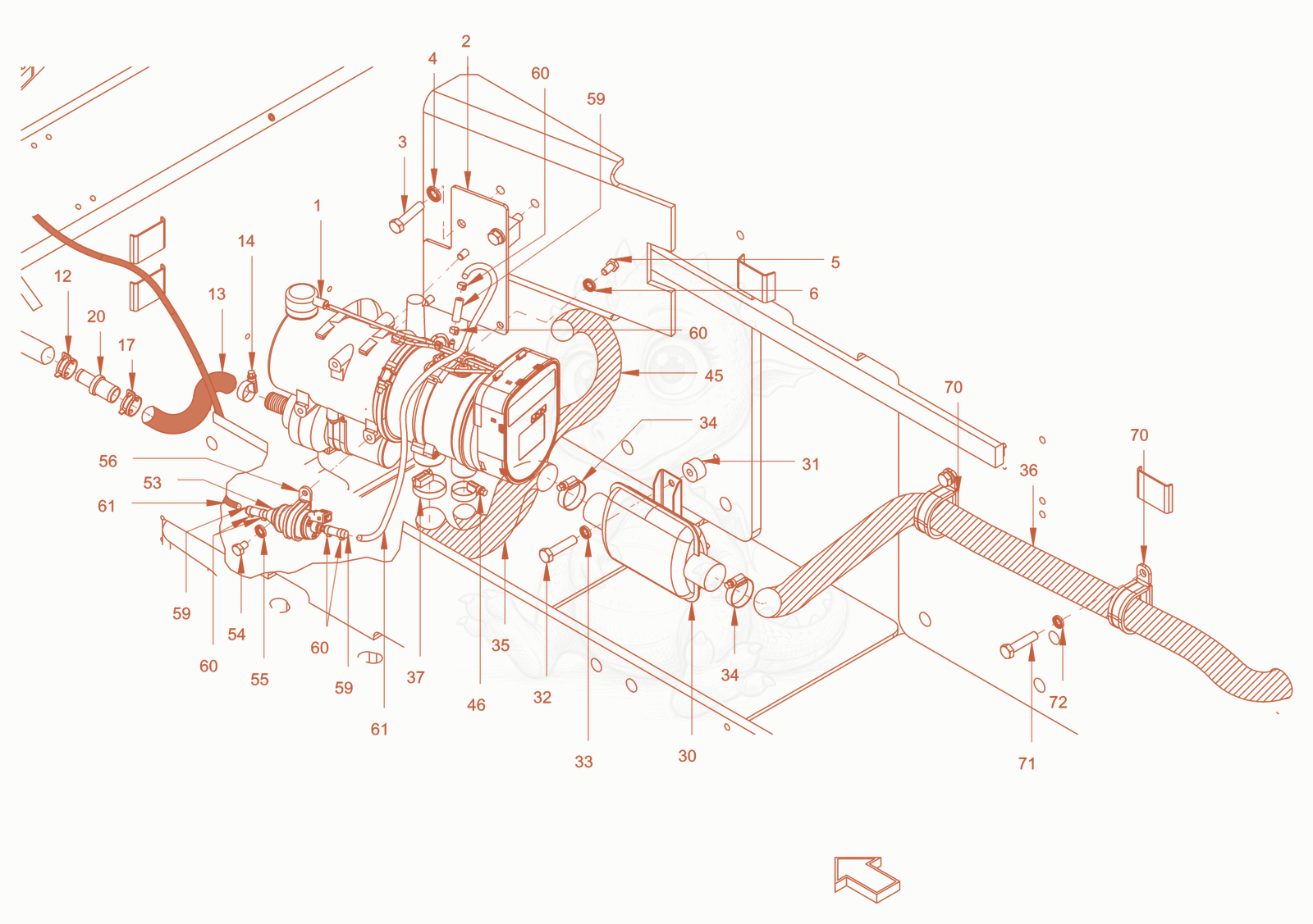 Exploded parts diagram of the park heating of a Wacker Neuson RC110PUSCAB, with numbered balloons