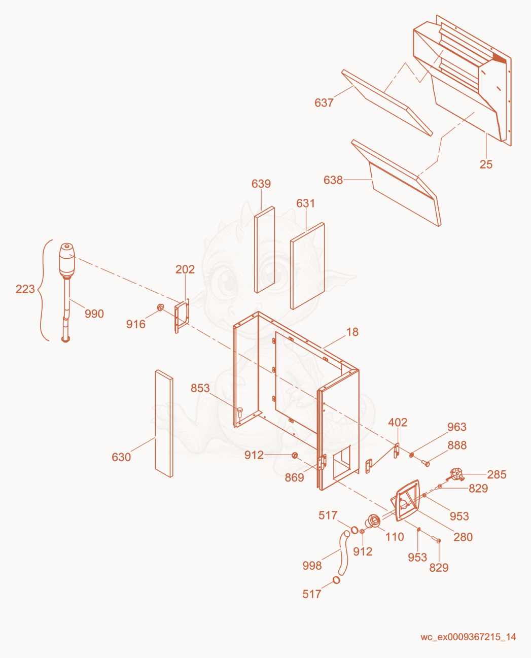 Exploded parts diagram of the Rear Enclosure w/Fuel Fill of a Wacker Neuson G70, with numbered balloons