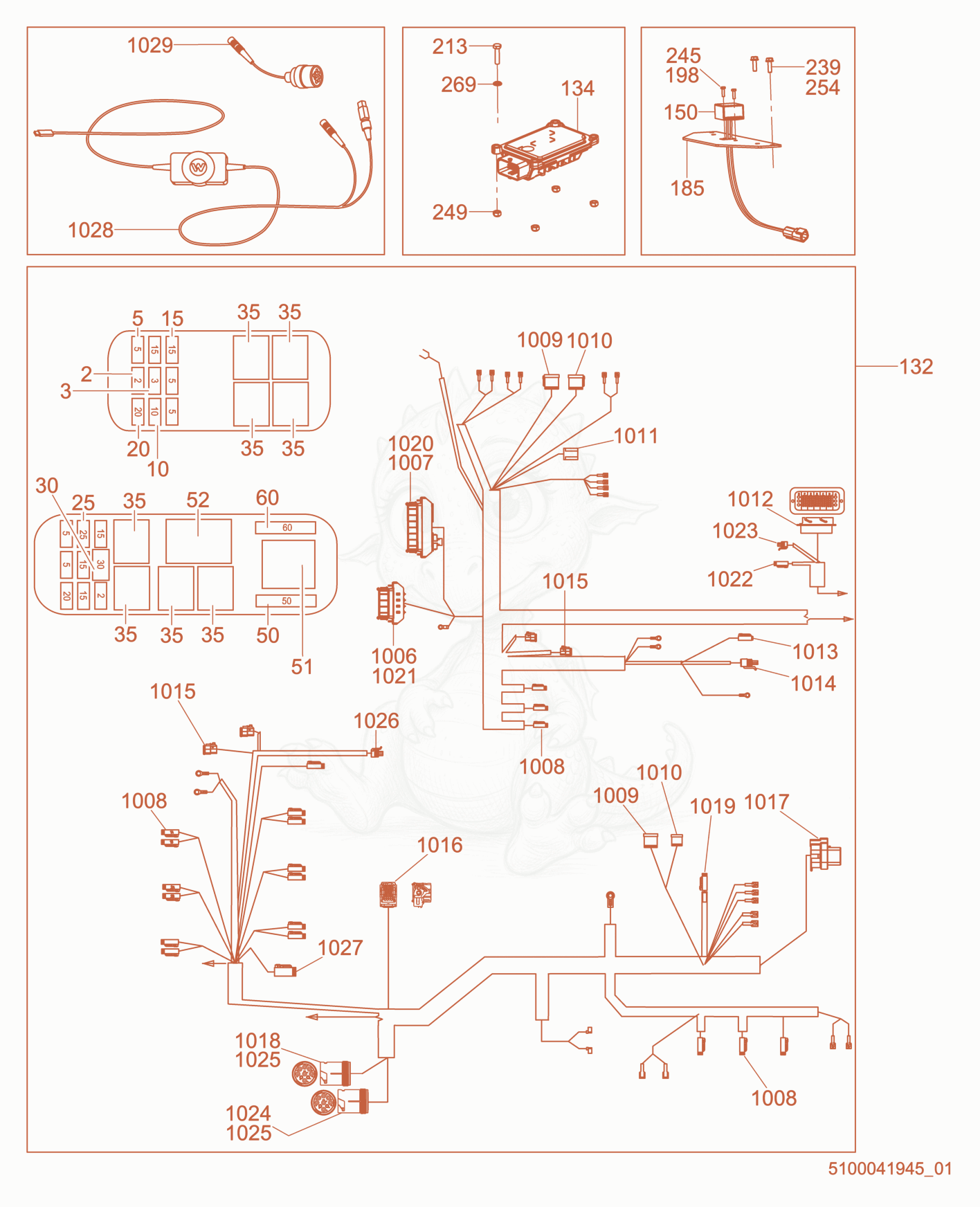 Despiece del Wiring harness/Fuse box de una máquina Wacker Neuson CRT60-74LX, con globos numerados