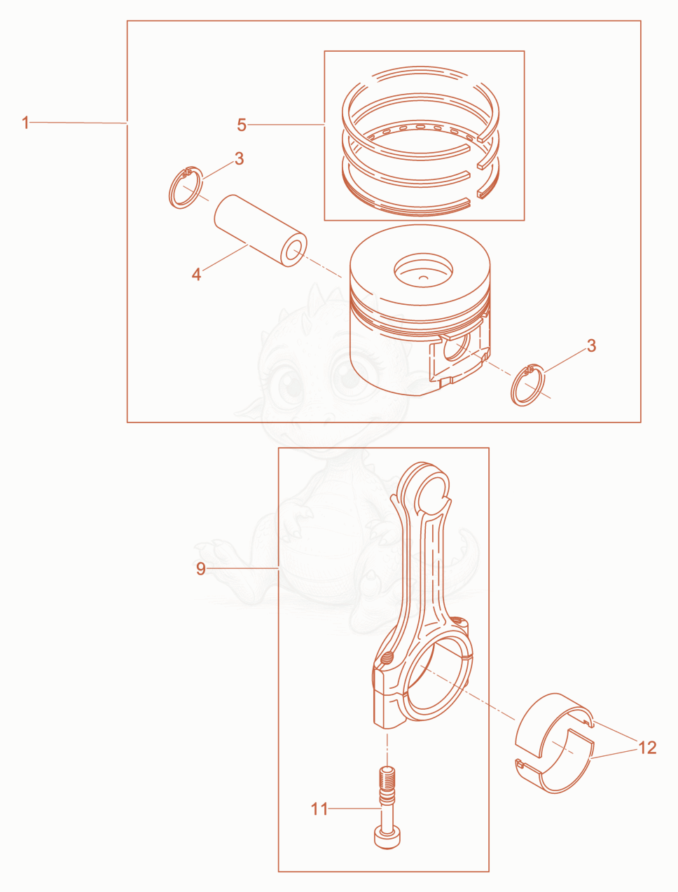 Exploded parts diagram of the Piston, conrod, cylinder of a Wacker Neuson DPU6260H, with numbered balloons