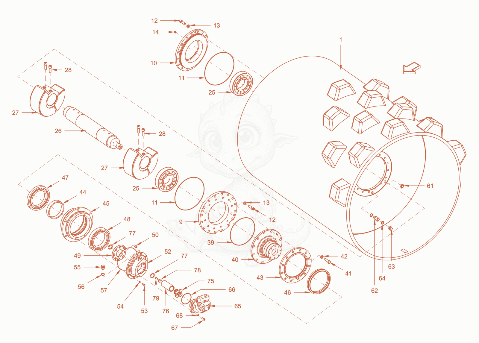 Exploded parts diagram of the Roller Drum of a Wacker Neuson RC70PUS, with numbered balloons