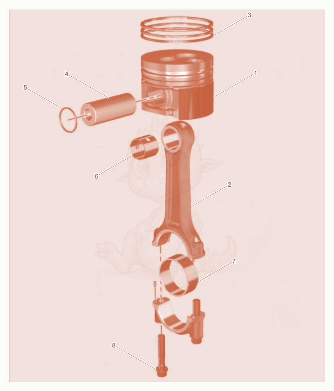 Despiece del Piston - Connecting rod de una máquina Wacker Neuson DPU90LEC670, con globos numerados