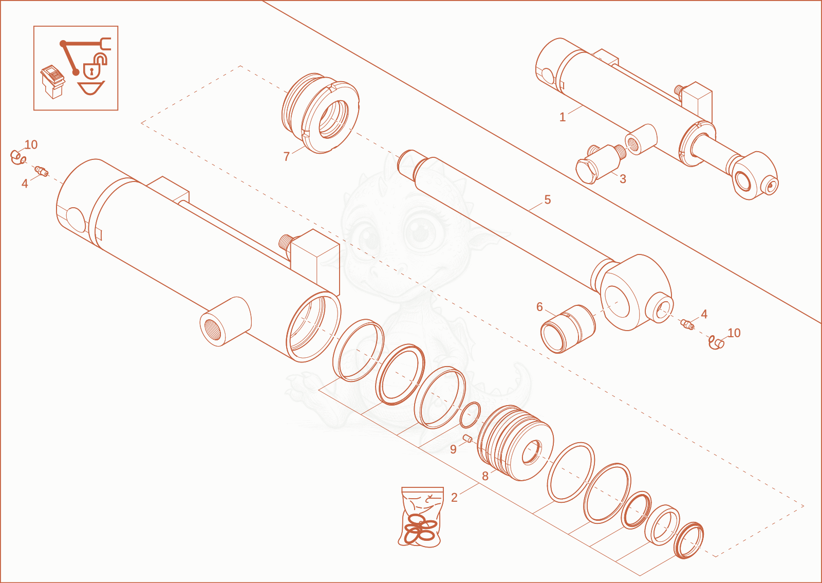 Despiece del swivel bucket cylinder Easy Lock de una máquina Wacker Neuson EZ17E, con globos numerados