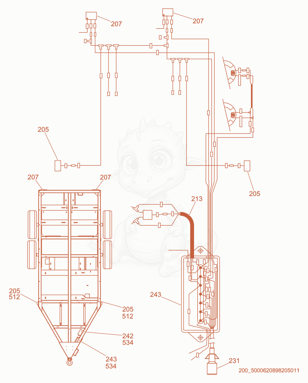 Exploded parts diagram of the Wiring Diagram - Trailer of a Wacker Neuson E5000, with numbered balloons
