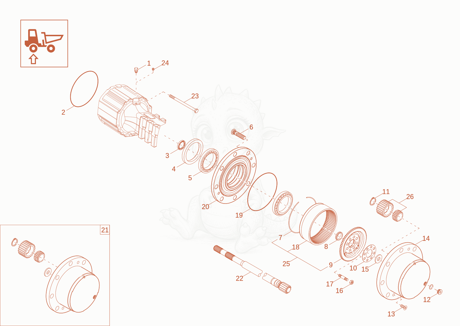 Exploded parts diagram of the AXLE CASE, WHEEL HUB of a Wacker Neuson DW90-3, with numbered balloons