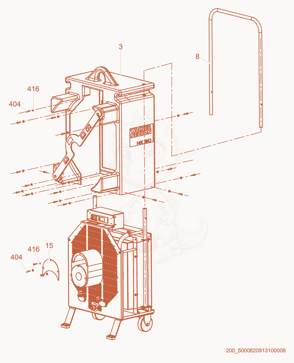 Exploded parts diagram of the Guide Handle/Frame of a Wacker Neuson HX30, with numbered balloons