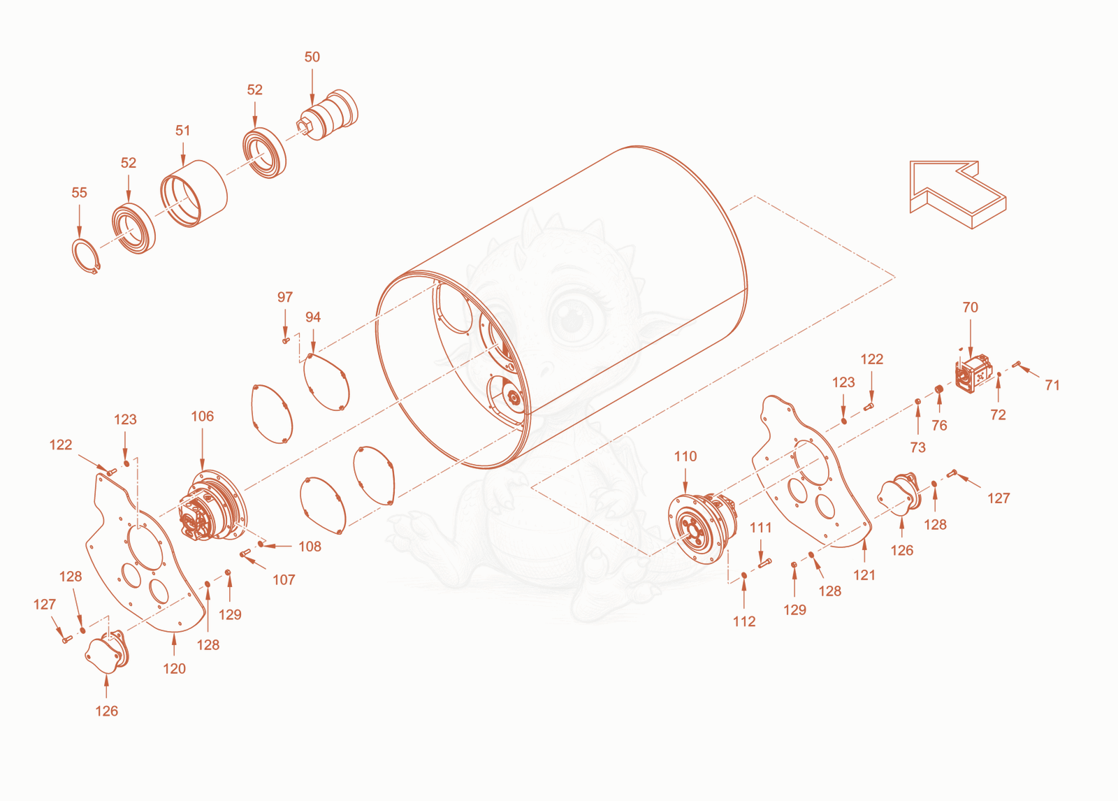 Exploded parts diagram of the roller drum with oscillator of a Wacker Neuson RD45-140ODPF, with numbered balloons