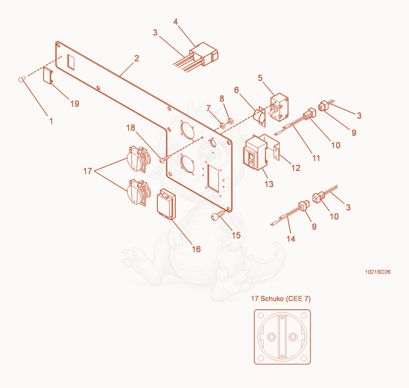 Exploded parts diagram of the Control Panel with Earth Leakage Circuit Breaker of a Wacker Neuson G3.3AE, with numbered balloons