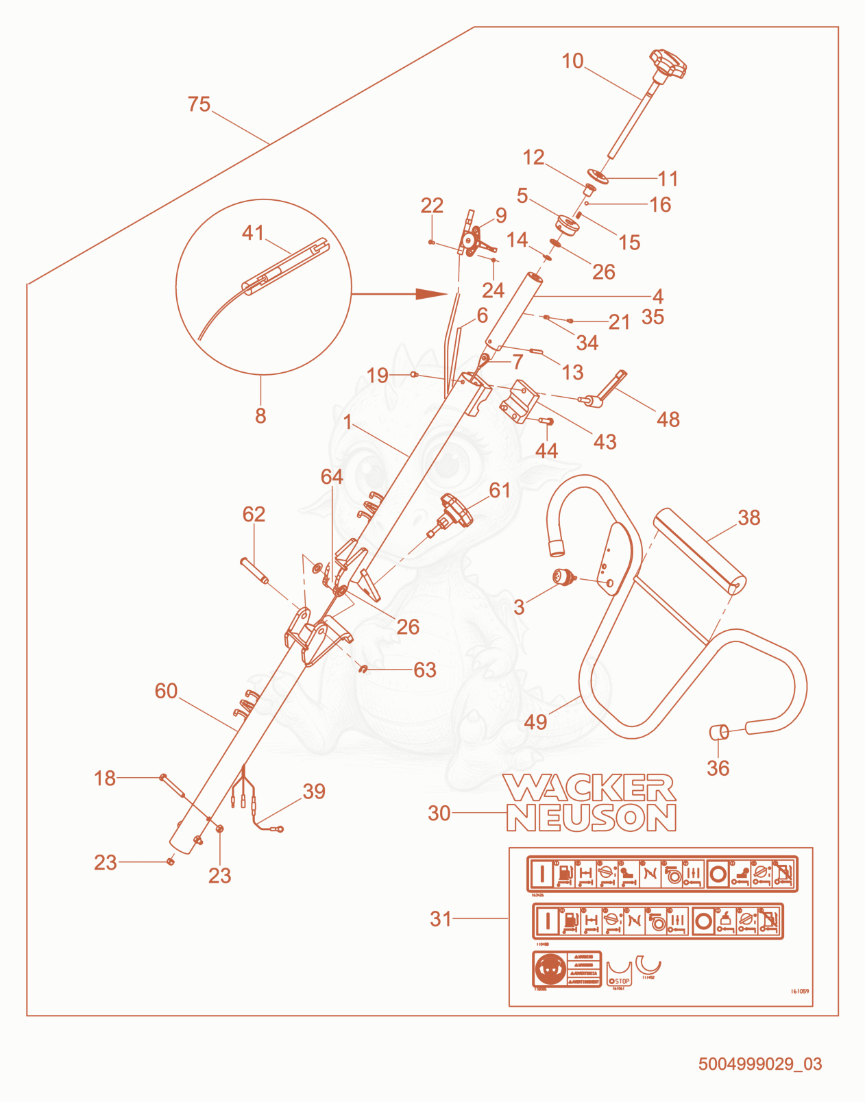 Despiece del Handle-Folding, Adjustable, Twist de una máquina Wacker Neuson CT36-X, con globos numerados