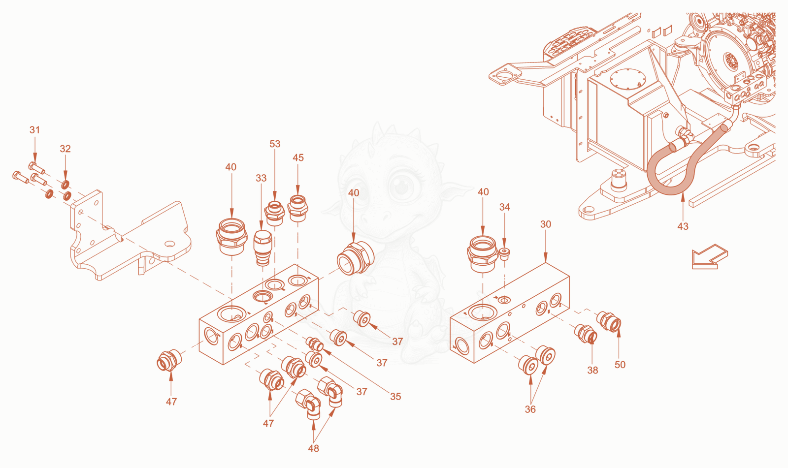 Exploded parts diagram of the hydraulic oil tank of a Wacker Neuson RC50DPFCAB, with numbered balloons
