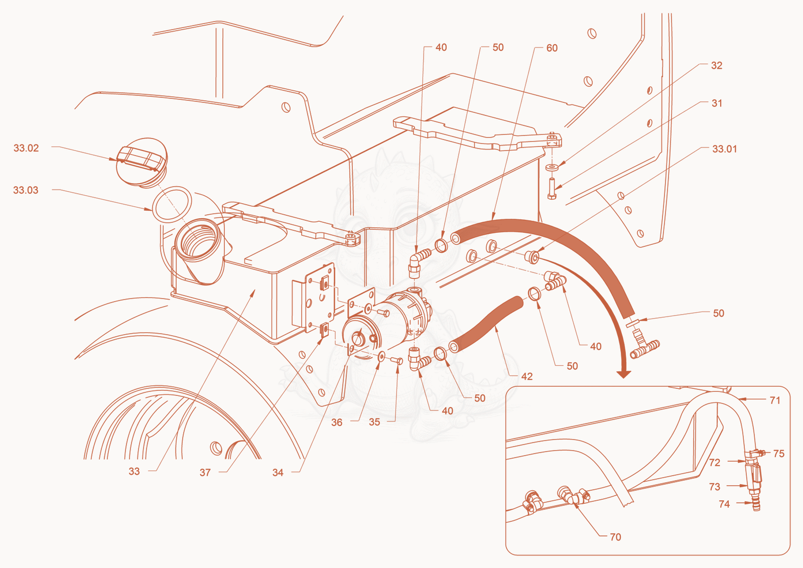 Exploded parts diagram of the additive sprinkling of a Wacker Neuson RD40-130O, with numbered balloons