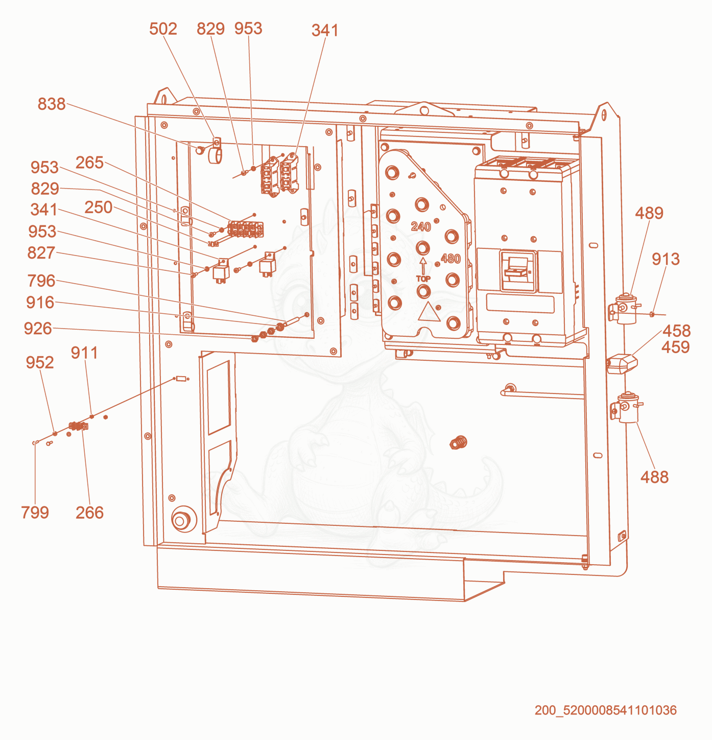 Exploded parts diagram of the Transformer/Fuse Block/Relay of a Wacker Neuson G230, with numbered balloons