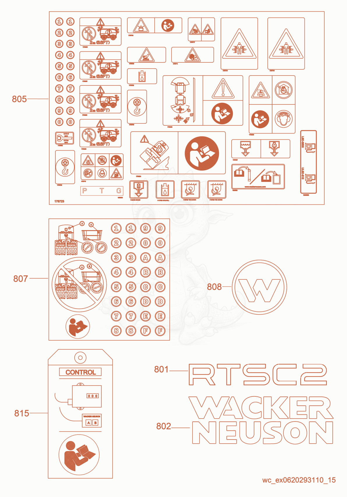 Exploded parts diagram of the Labels of a Wacker Neuson RT56-SC2EU, with numbered balloons