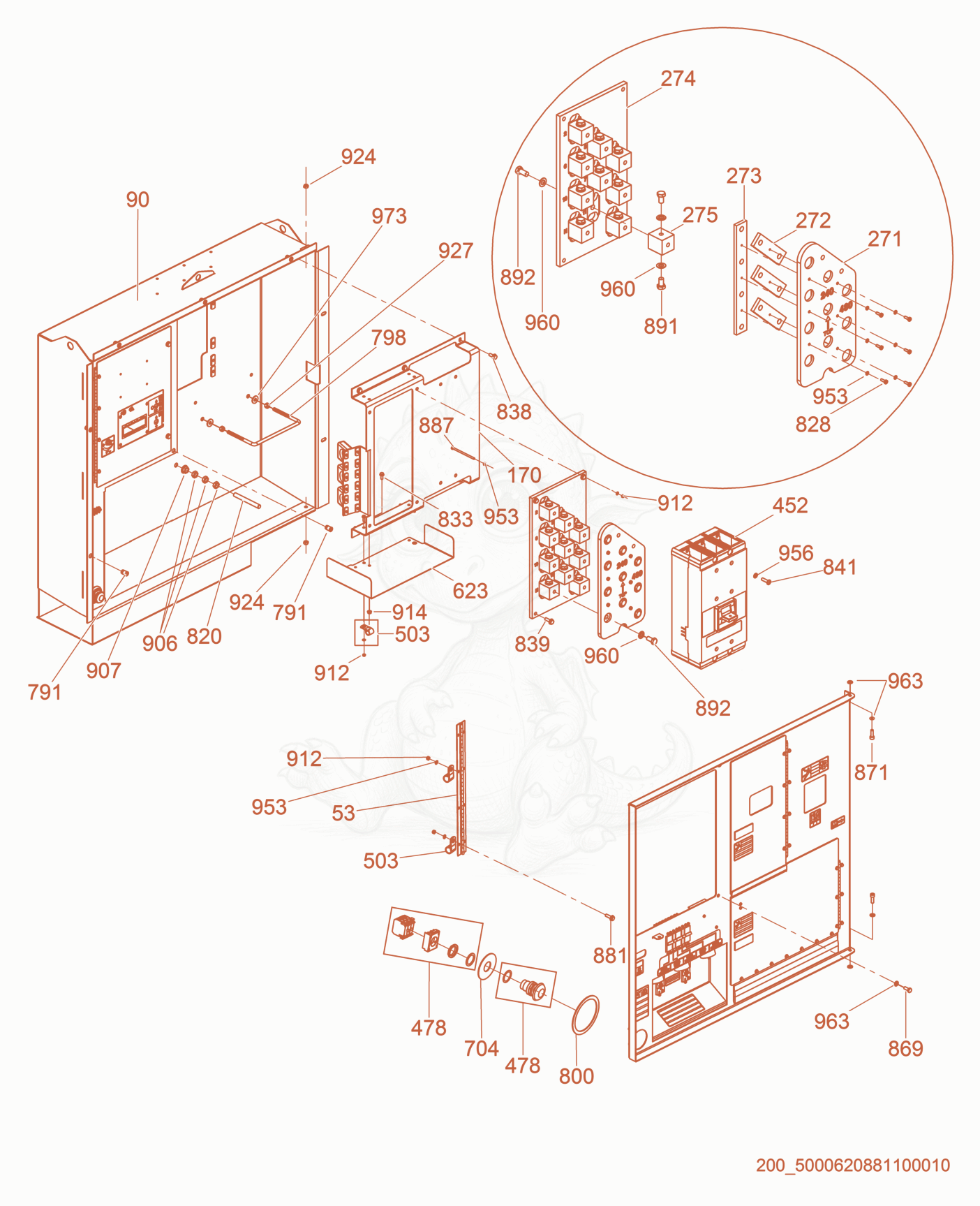 Exploded parts diagram of the Main Breaker/Voltage SelectorPanel of a Wacker Neuson G230, with numbered balloons