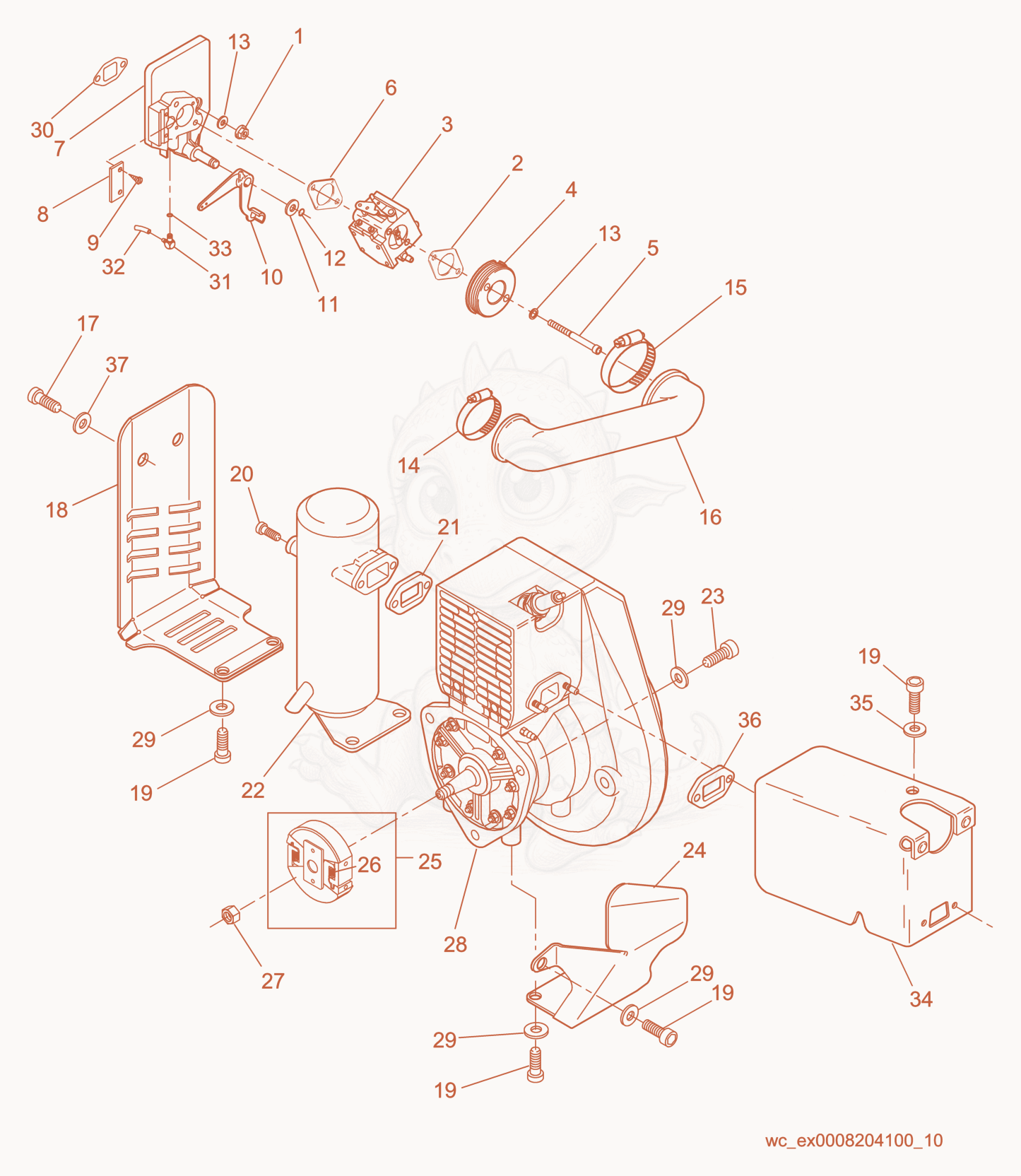Despiece del Engine cpl. de una máquina Wacker Neuson BS700, con globos numerados