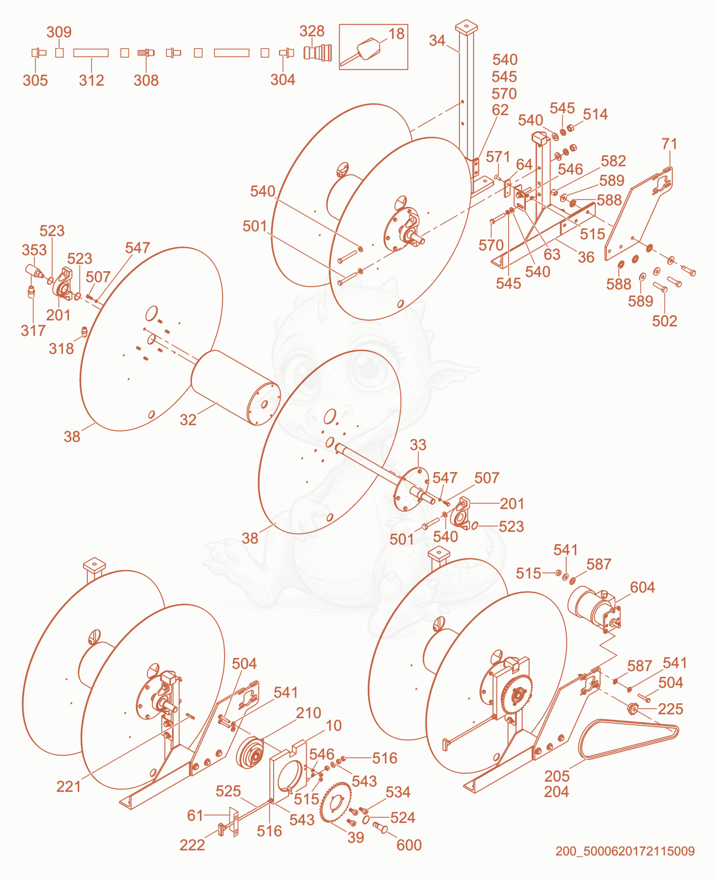 Exploded parts diagram of the Hose Reel cpl. of a Wacker Neuson E1100, with numbered balloons