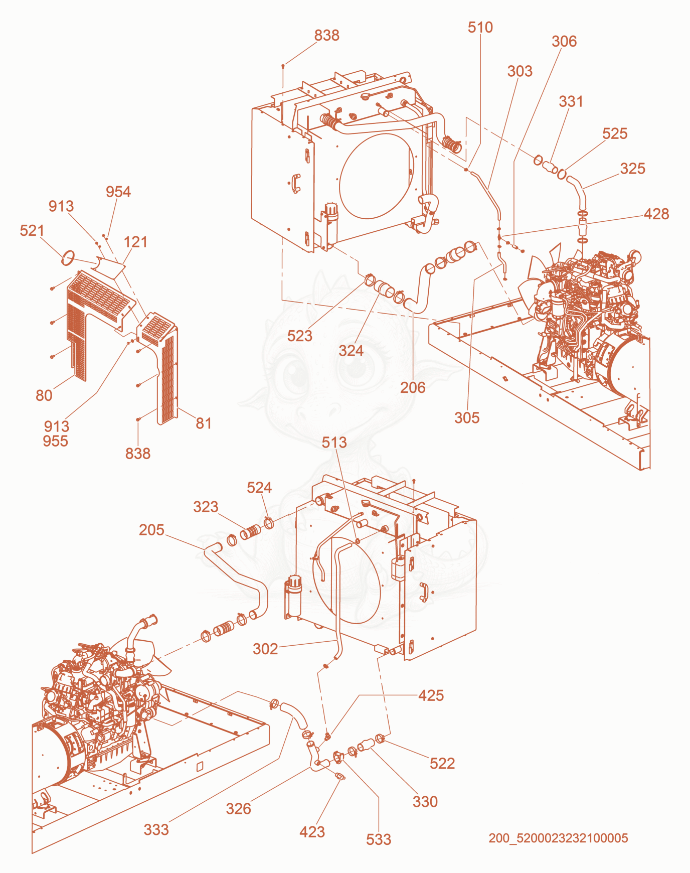 Despiece del Radiator Hoses de una máquina Wacker Neuson G130, con globos numerados