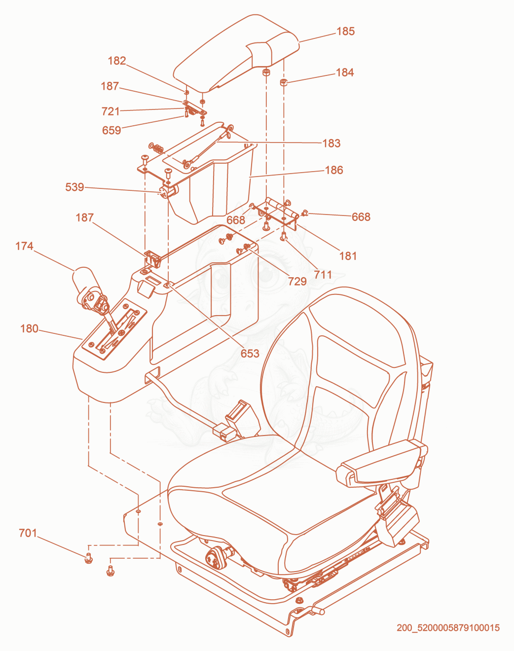 Exploded parts diagram of the Armrest cpl./Seat cpl. of a Wacker Neuson RD27-120, with numbered balloons