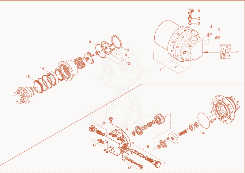 Exploded parts diagram of the drive unit of a Wacker Neuson 1502RDFORCE, with numbered balloons