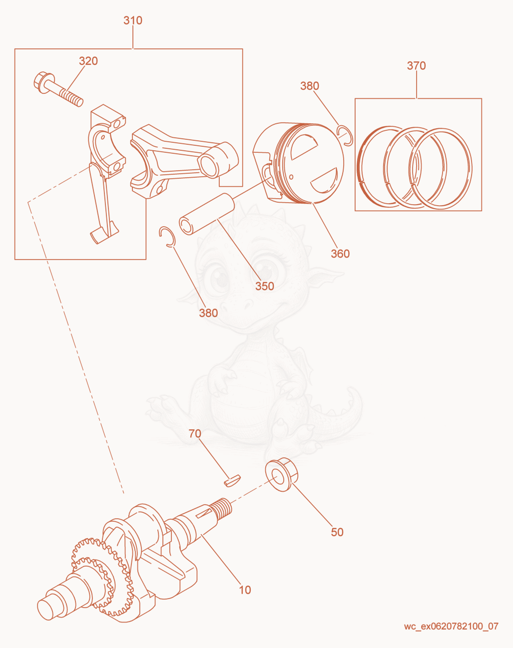 Exploded parts diagram of the Piston/Crankshaft of a Wacker Neuson GPI4300, with numbered balloons