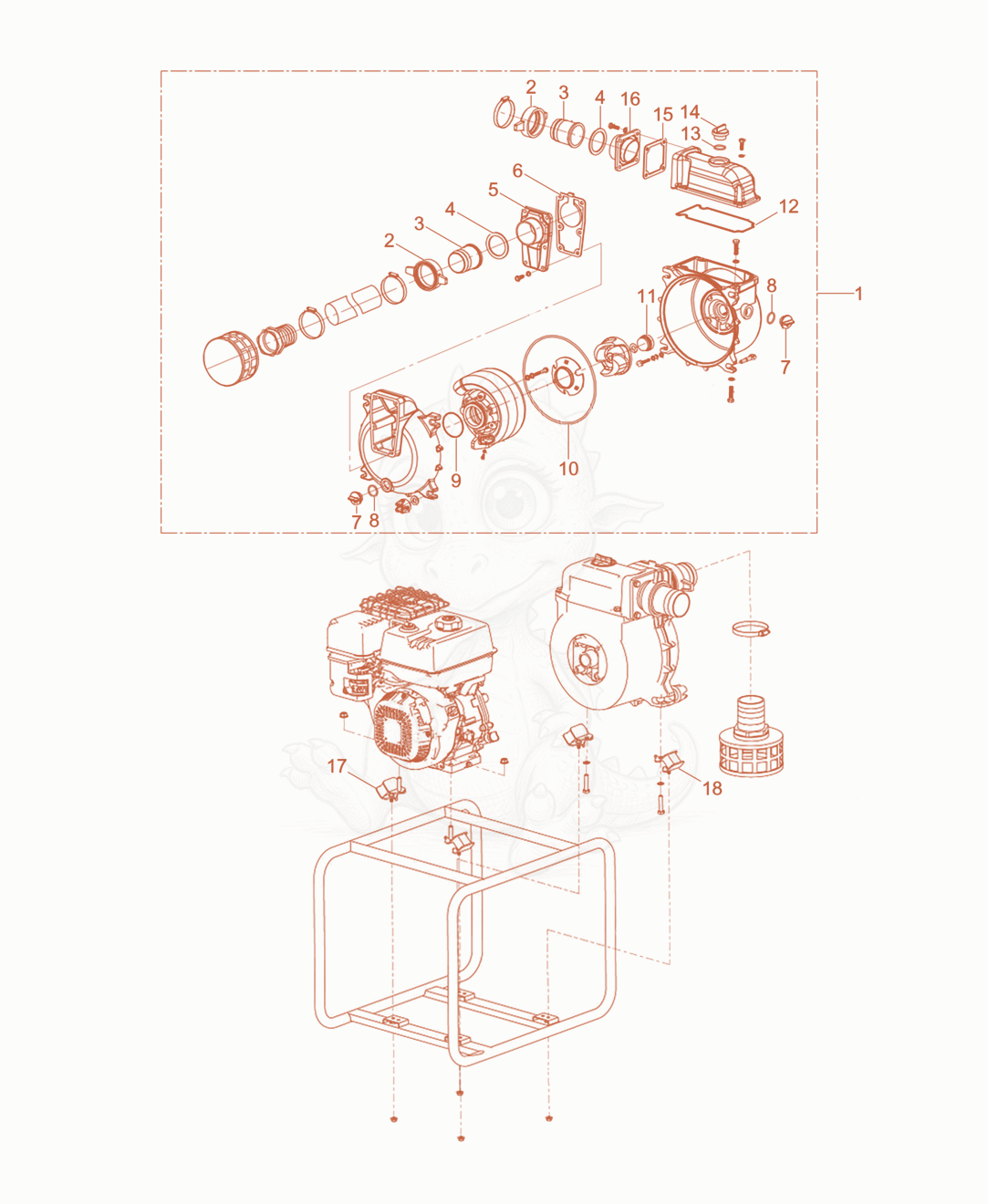 Despiece del Water Pump cpl. de una máquina Wacker Neuson MDP3-CE, con globos numerados