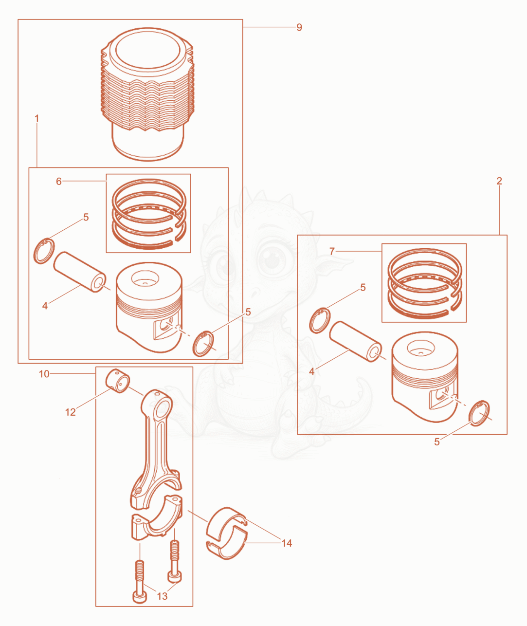 Exploded parts diagram of the Piston, Connecting rod,Cylinder of a Wacker Neuson RD7HFB, with numbered balloons