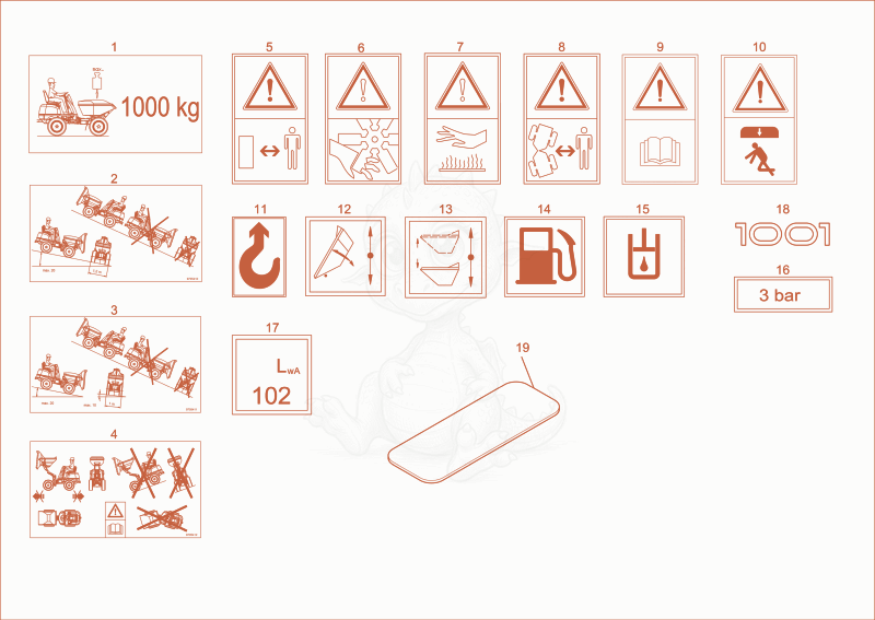 Exploded parts diagram of the sticker of a Wacker Neuson 1001, with numbered balloons