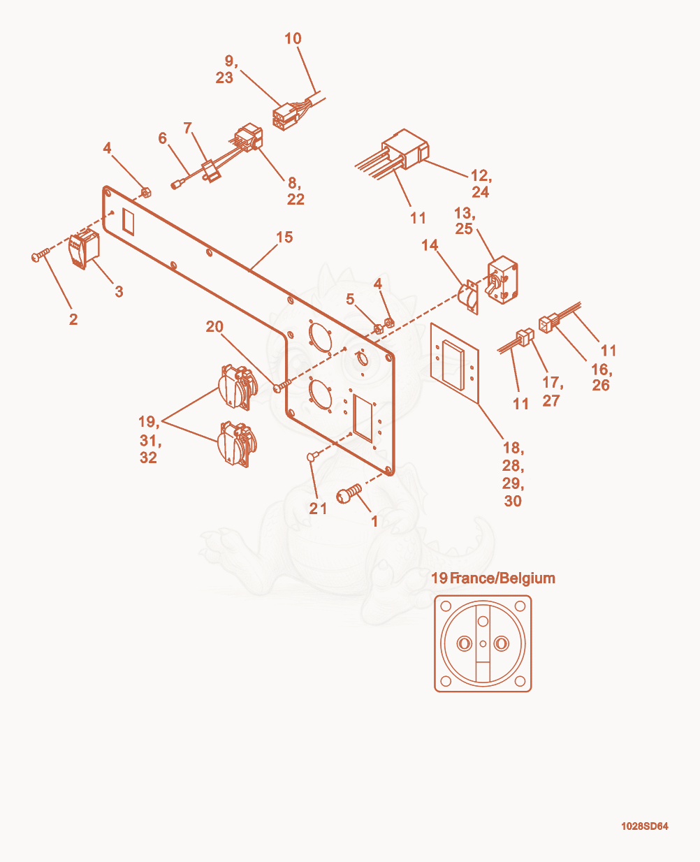Exploded parts diagram of the Control Panel w/o Earth Leakage Circuit Breaker of a Wacker Neuson GS4.6A, with numbered balloons