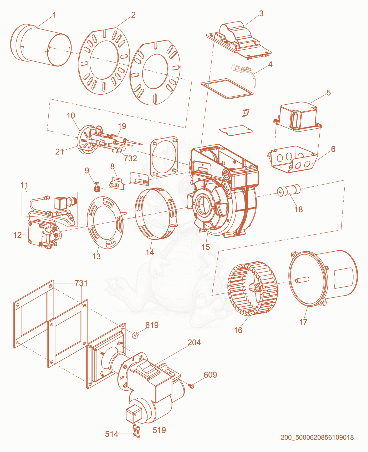 Exploded parts diagram of the Burner cpl. of a Wacker Neuson HI900D, with numbered balloons