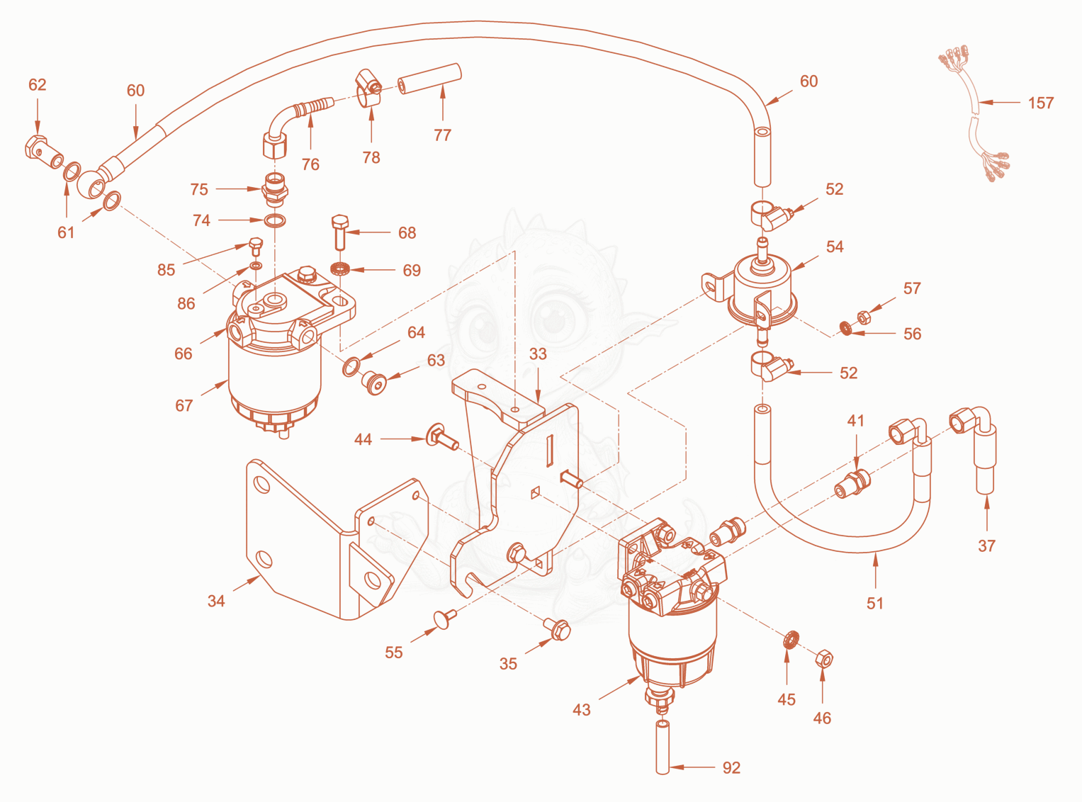 Exploded parts diagram of the fuel system of a Wacker Neuson RD24-100O.3, with numbered balloons