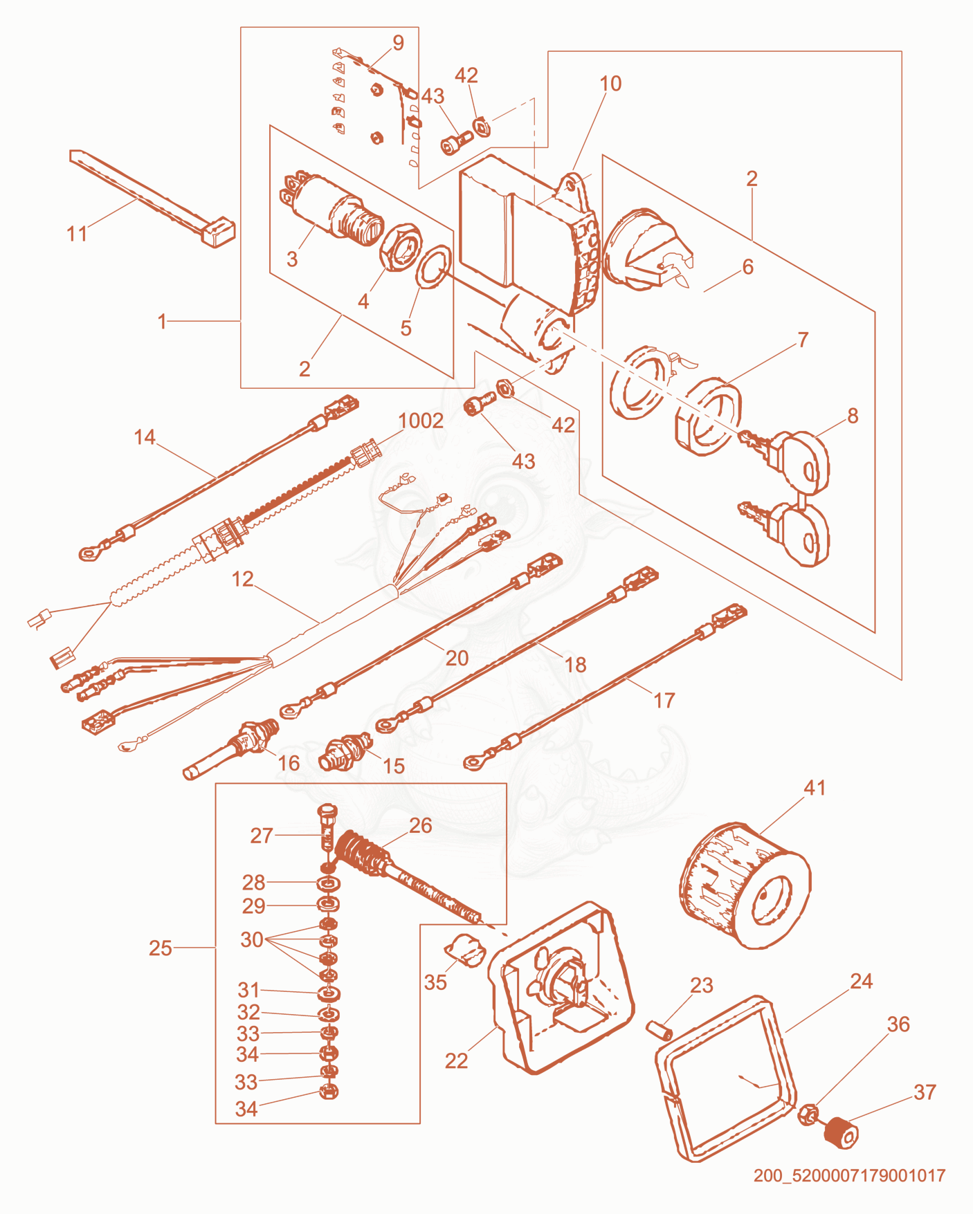 Exploded parts diagram of the Electrical Equipment/Wiring of a Wacker Neuson E1100, with numbered balloons