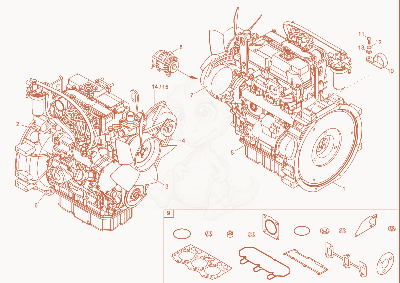 Exploded parts diagram of the diesel engine of a Wacker Neuson 2404, with numbered balloons