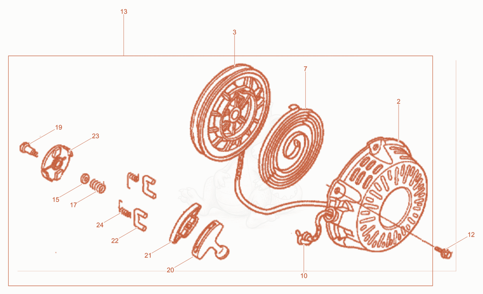 Exploded parts diagram of the Recoil starter of a Wacker Neuson BPS1340AWS, with numbered balloons