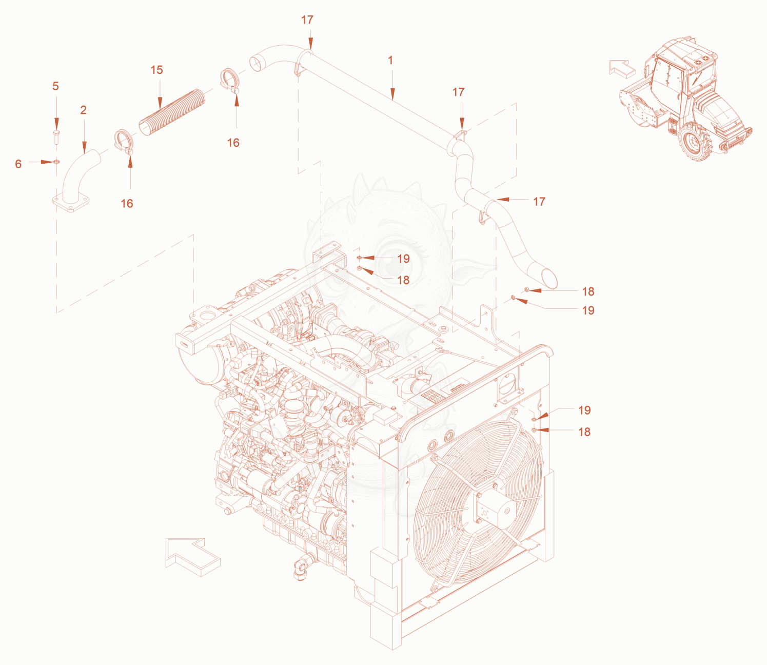 Exploded parts diagram of the exhaust system of a Wacker Neuson RC50P, with numbered balloons