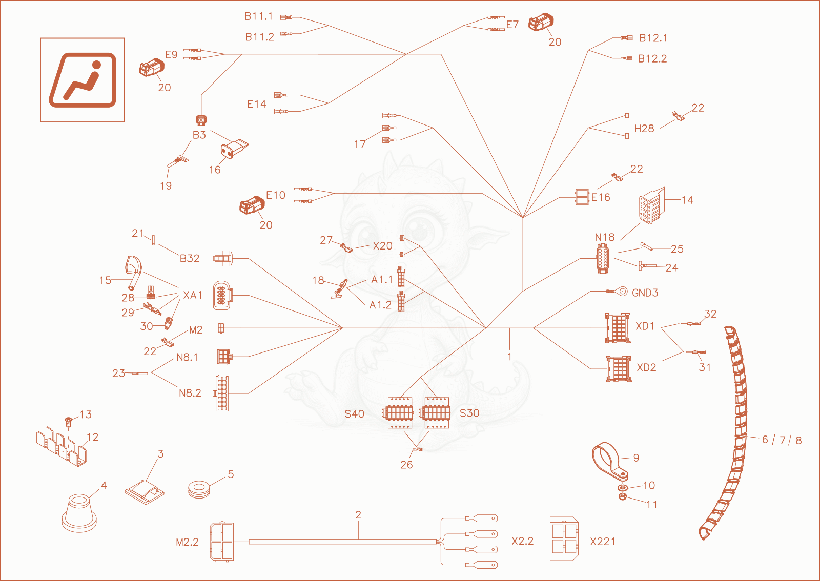 Exploded parts diagram of the wiring harness roof of a Wacker Neuson EW65, with numbered balloons