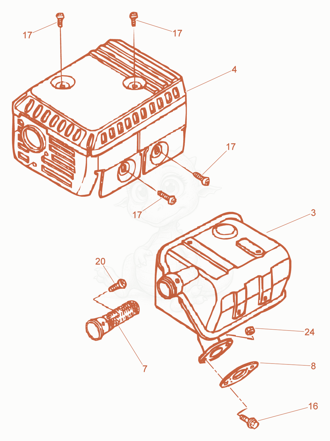 Exploded parts diagram of the Muffler of a Wacker Neuson PDI2A, with numbered balloons