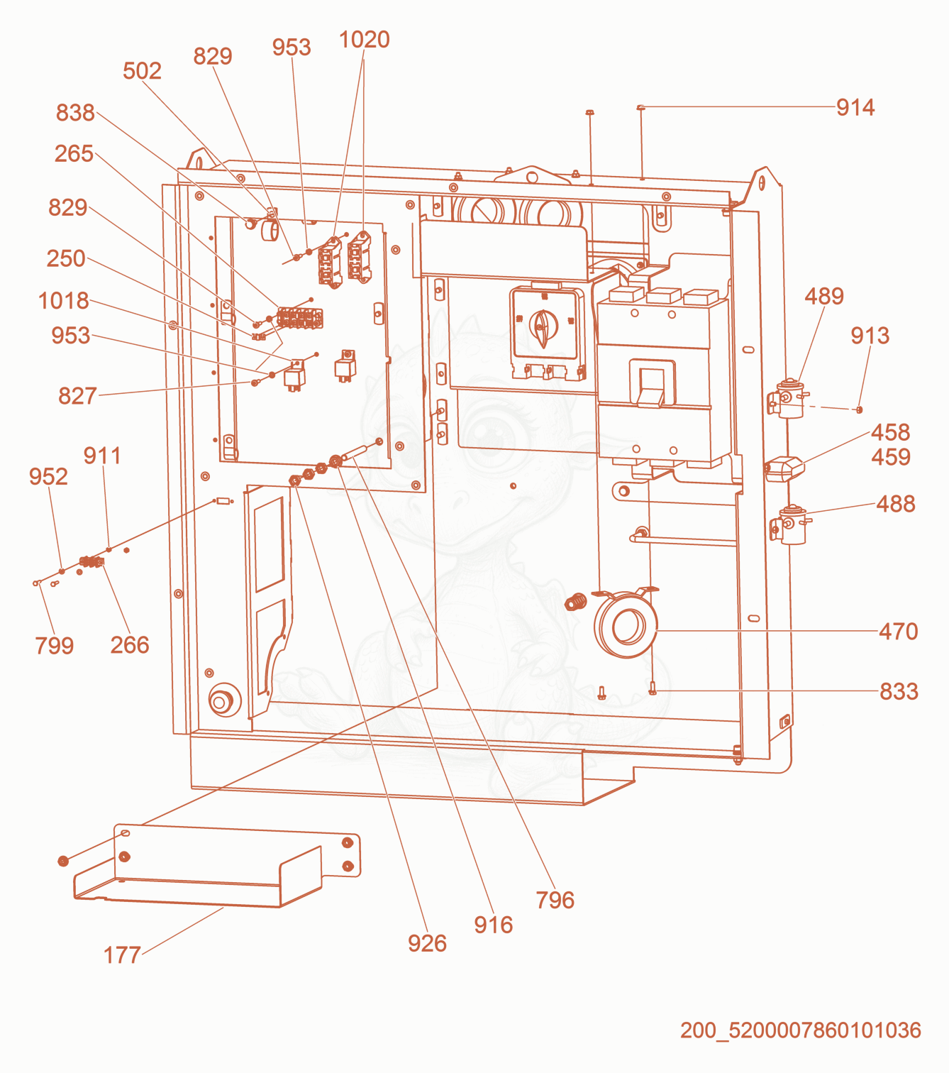 Exploded parts diagram of the Transformer/Fuse Block/Relay of a Wacker Neuson G180, with numbered balloons