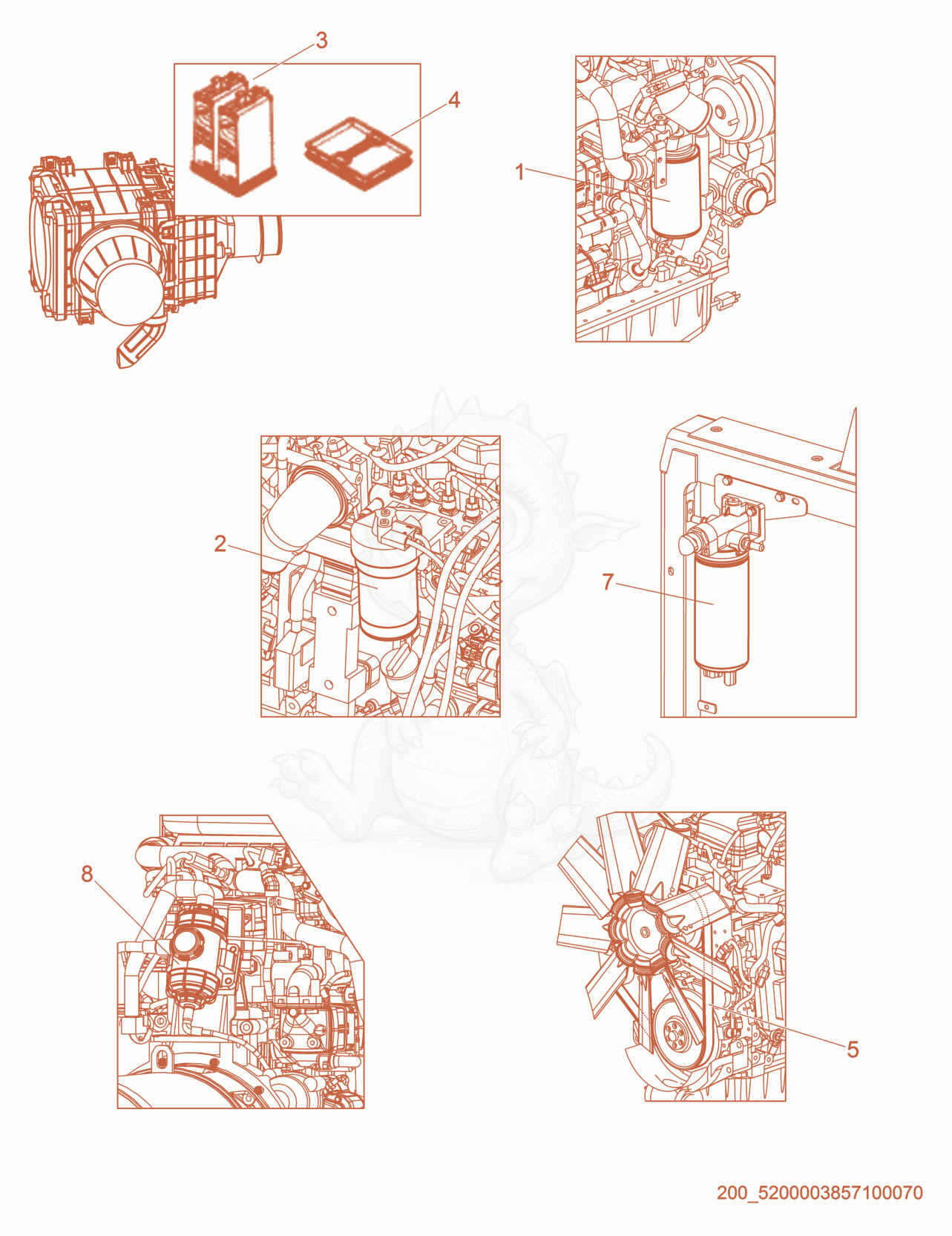 Exploded parts diagram of the Engine Service Parts of a Wacker Neuson G100, with numbered balloons