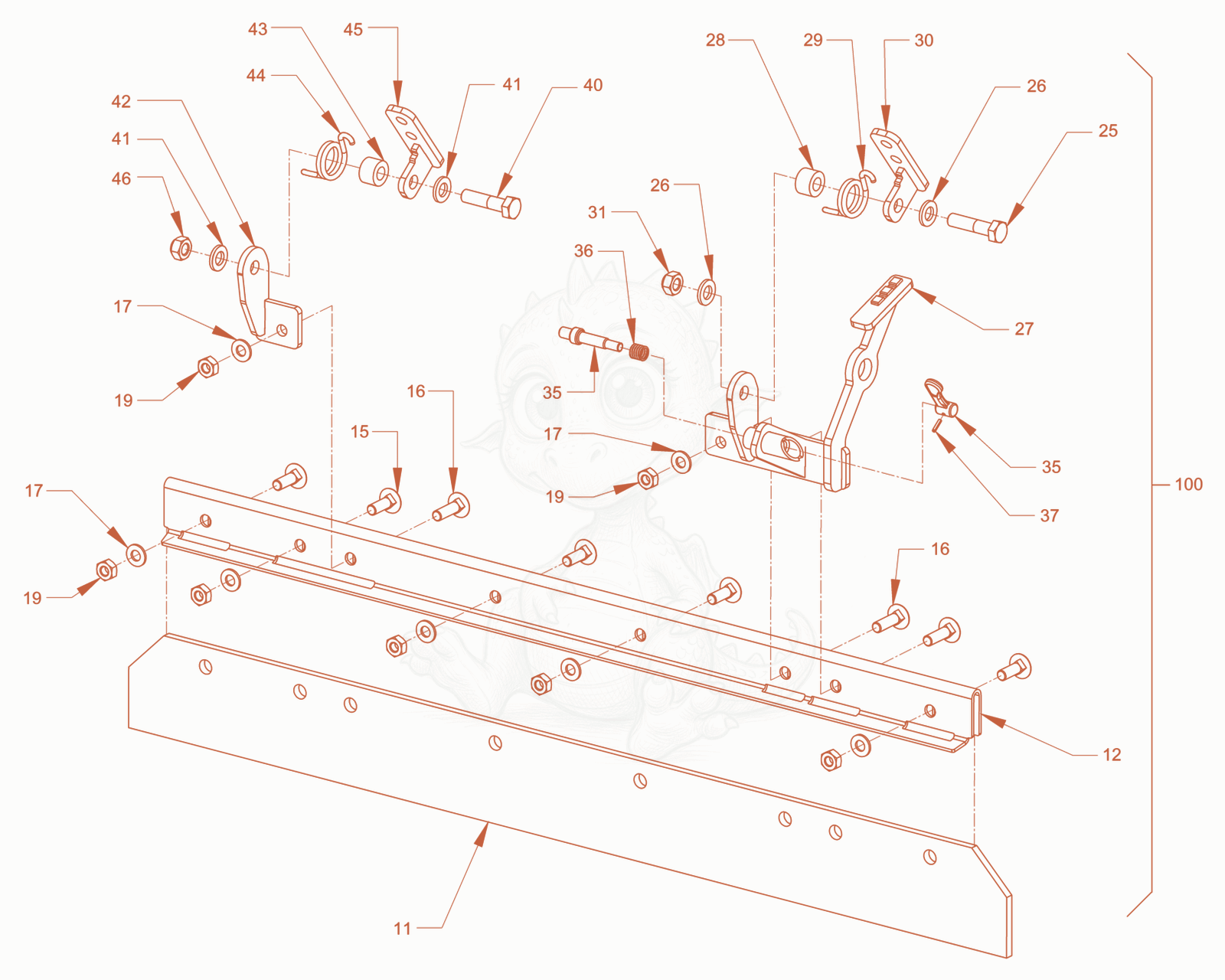 Exploded parts diagram of the foldable scraper of a Wacker Neuson RD18-100C, with numbered balloons
