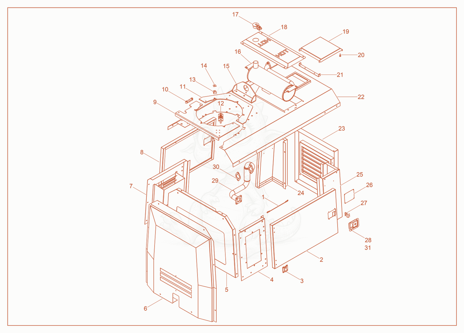 Exploded parts diagram of the Enclosure cpl. of a Wacker Neuson LTE4K, with numbered balloons